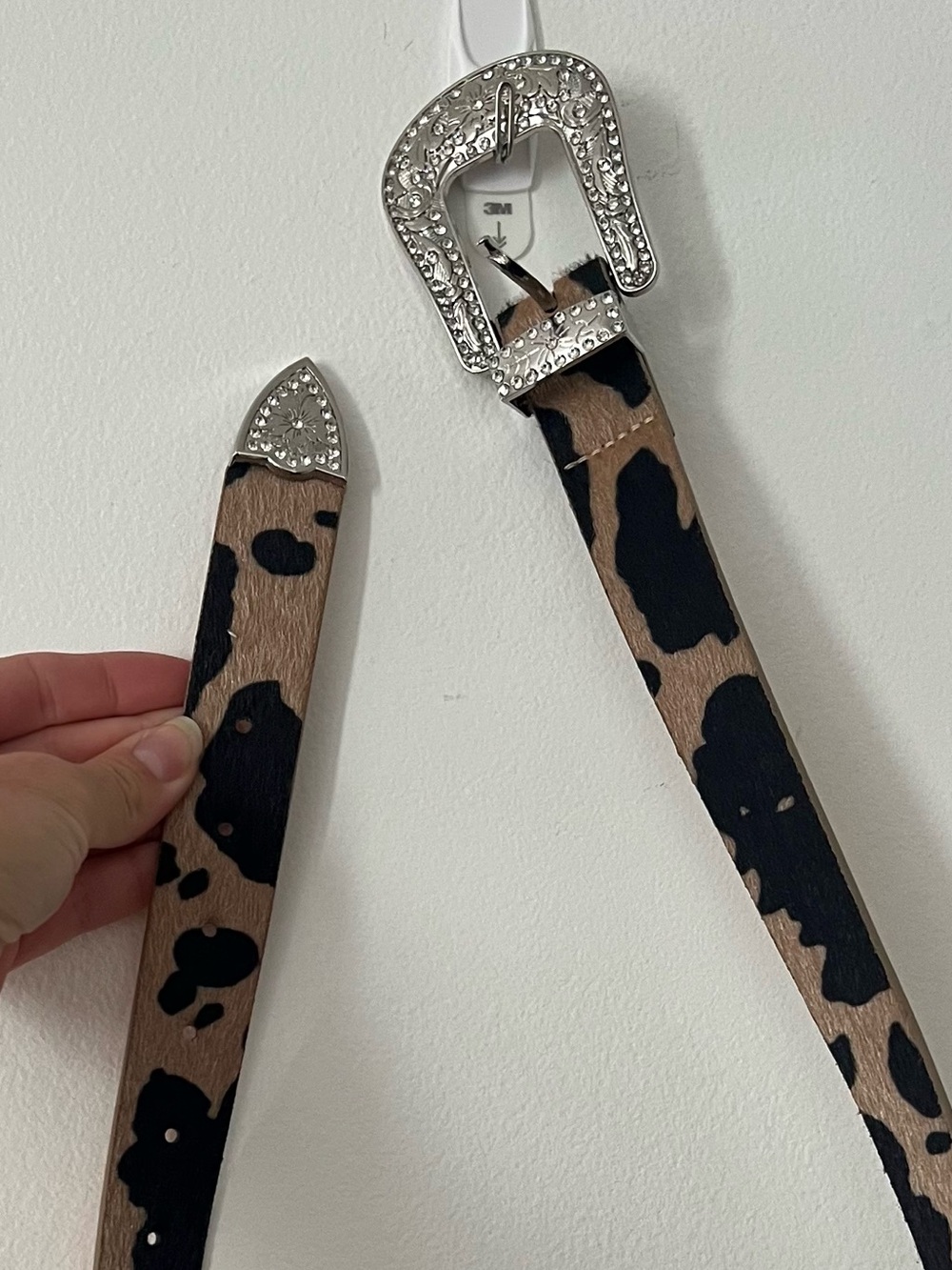 Faux Cowhide Cow-Print Western-Style Belt with Silver Buckle